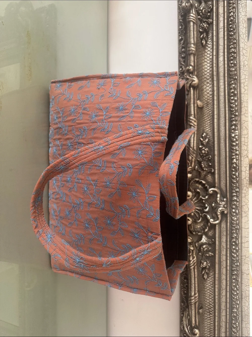 Rust Floral Embroidered Cushioned Tote Bag with Blue Accents